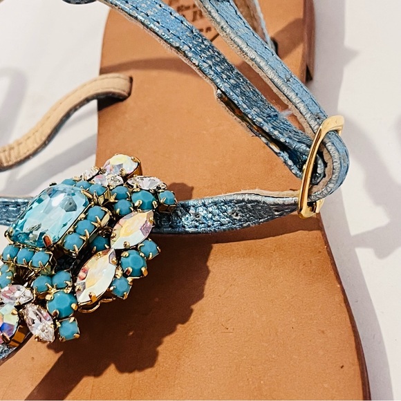 Emanuela Caruso Women’s EU 40 Blue Jeweled Bling Ankle T- Strap Leather Sandals - Picture 5 of 16
